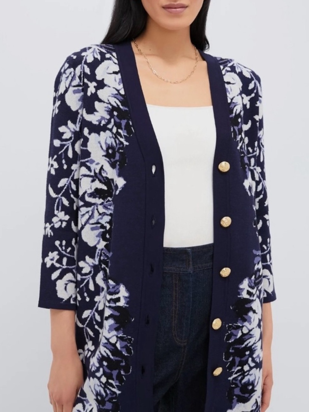 Tuckernuck indigo reflection jacquard liv Cardigan with Gold Buttons